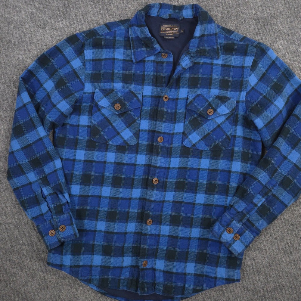 Pendleton Flannel Shirt Mens XS Blue Plaid Cotton Knit Lined Over Shirt Outdoor